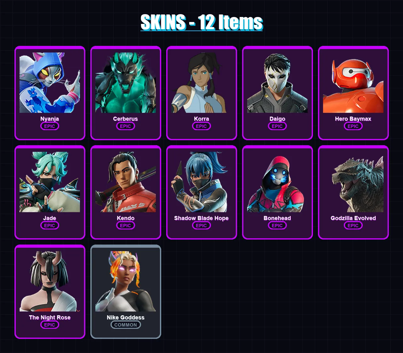 [PC/XBOX/PSN] | Nyanja | Cerberus | Korra | Daigo | Hero Baymax | 12 skin | 18 pickaxe | 17 emote | 18 glider | Lv154