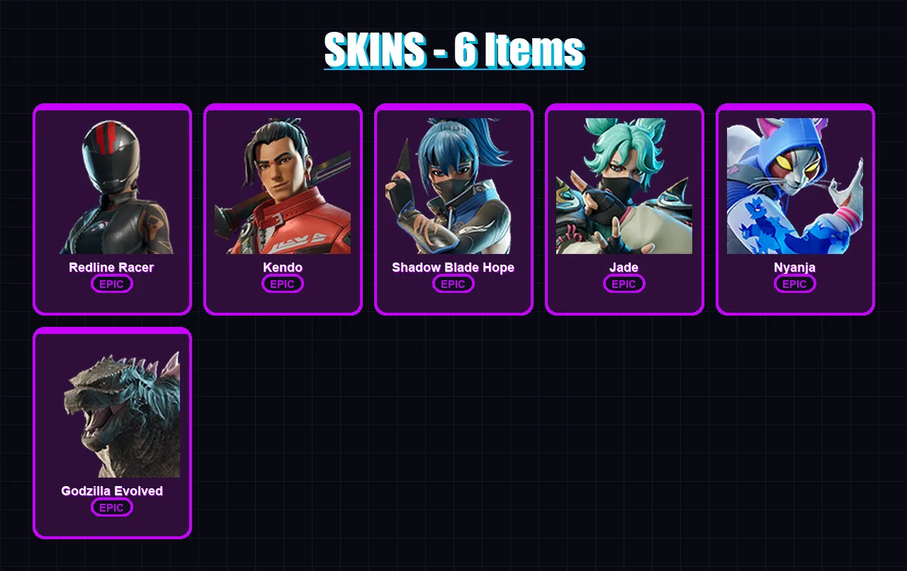 [PC/PSN] | Redline Racer | Kendo | Shadow Blade Hope | Jade | Nyanja | 6 skin | 19 pickaxe | 9 emote | 14 glider | Lv169