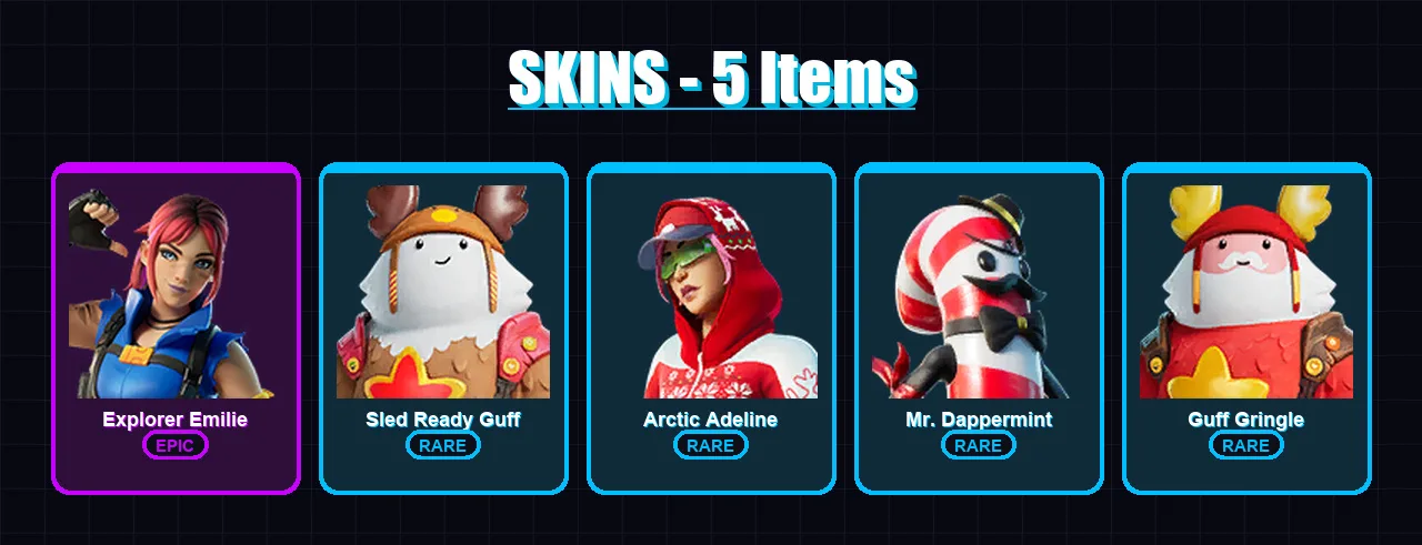 [PC/XBOX/PSN] | Explorer Emilie | Sled Ready Guff | Arctic Adeline | Mr. Dappermint | Guff Gringle | 5 skin | 5 pickaxe | 3 emote | 9 glider | Lv74