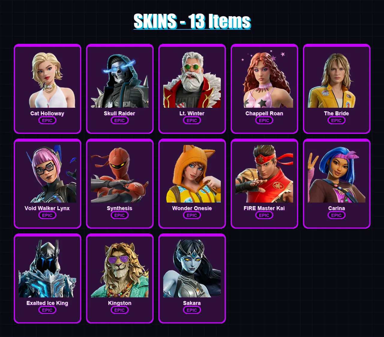 [PC/XBOX/PSN] | Cat Holloway | Skull Raider | Lt. Winter | Chappell Roan | The Bride | 13 skin | 20 pickaxe | 13 emote | 10 glider | Lv91 — Fortnite account