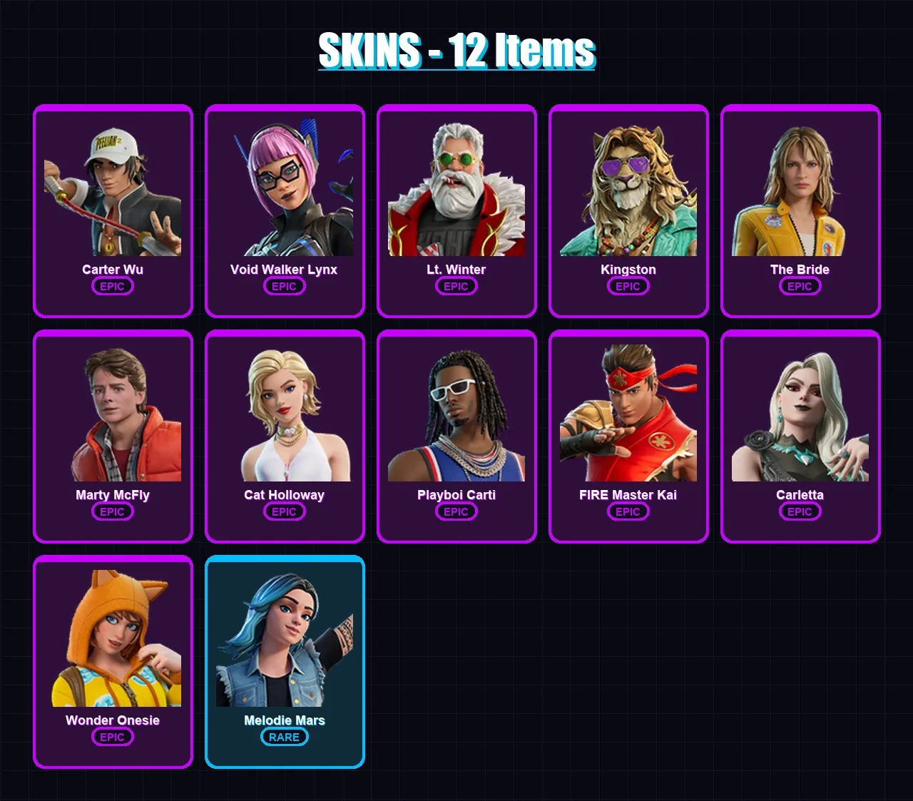 [PC/XBOX/PSN] | Carter Wu | Void Walker Lynx | Lt. Winter | Kingston | The Bride | 12 skin | 24 pickaxe | 15 emote | 17 glider | Lv111