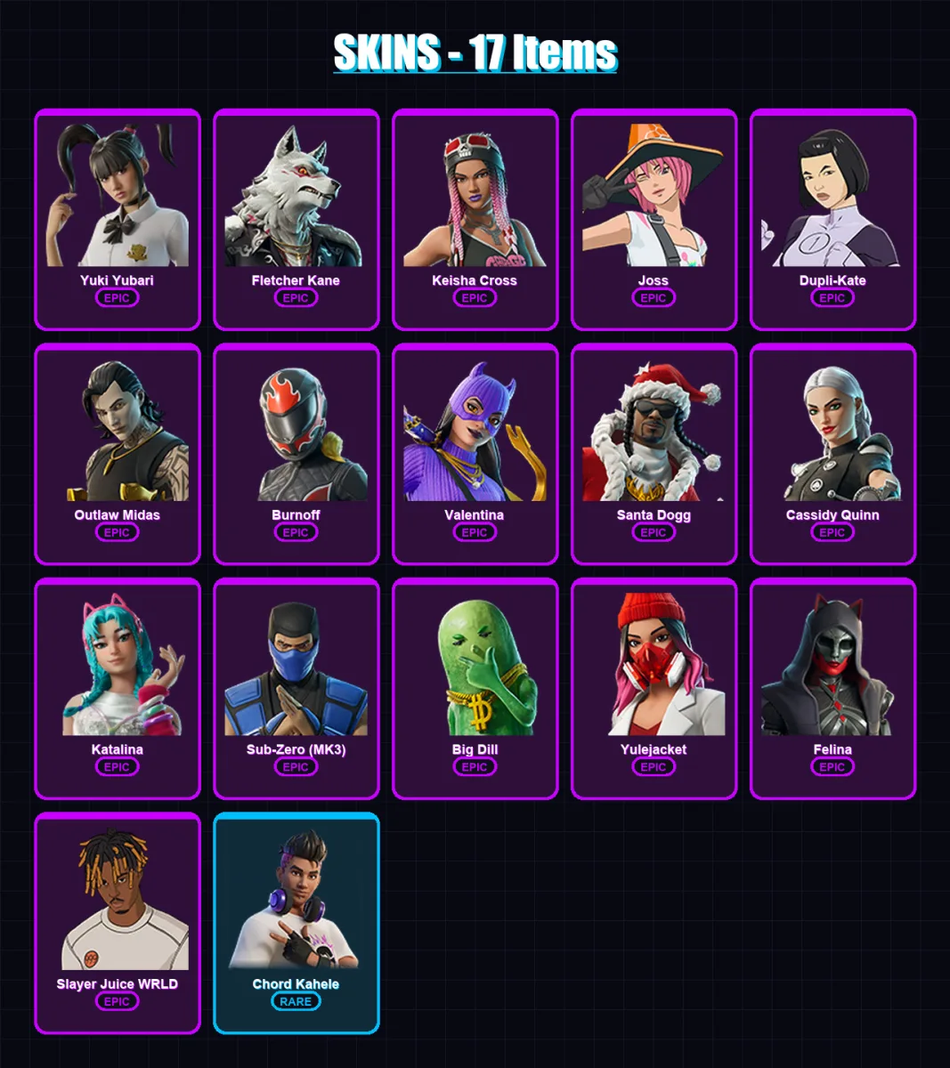 [PC/XBOX/PSN] | Yuki Yubari | Fletcher Kane | Keisha Cross | Joss | Dupli-Kate | 17 skin | 63 pickaxe | 29 emote | 30 glider | Lv718