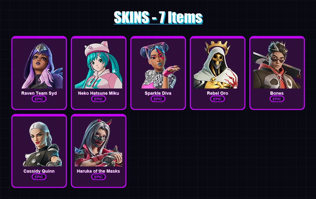 [PC/XBOX/PSN] | Raven Team Syd | Neko Hatsune Miku | Sparkle Diva | Rebel Oro | Bones | 7 skin | 16 pickaxe | 11 emote | 11 glider | Lv84