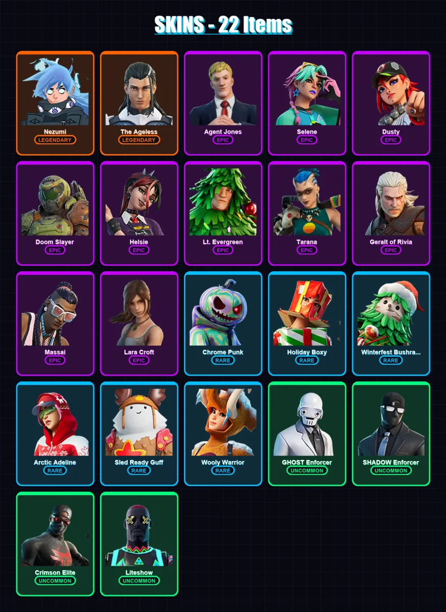 [PS4/PS5/XBOX/PC] | Nezumi | The Ageless | Agent Jones | Selene | Dusty | 22 skin | 31 pickaxe | 26 emote | 28 glider | Lv650
