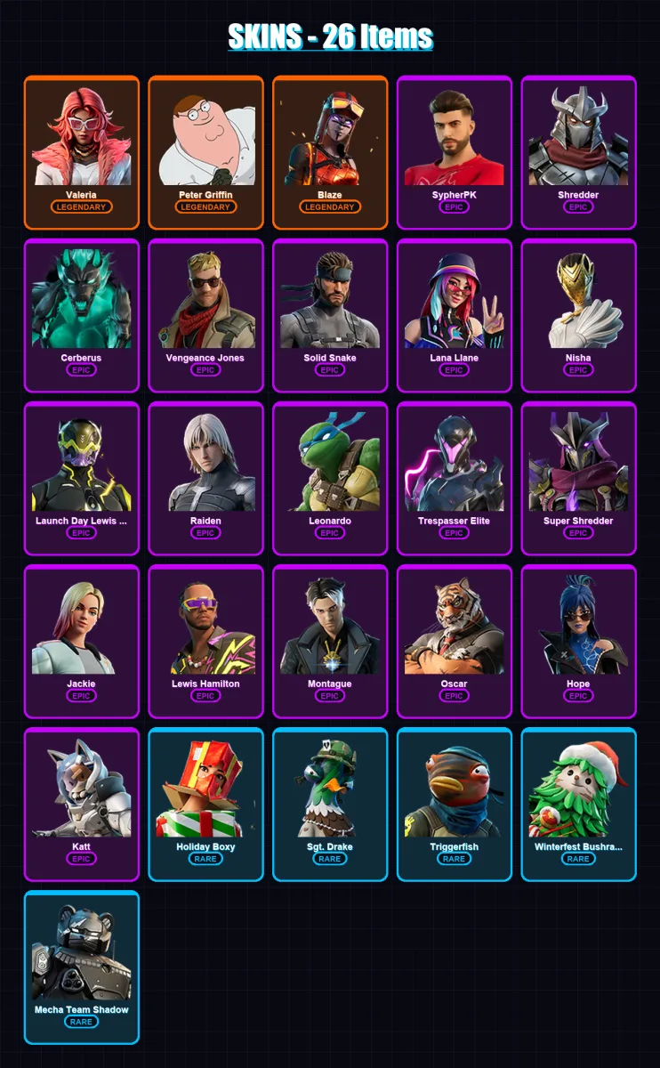 [PC/XBOX/PSN] | Valeria | Peter Griffin | Blaze | SypherPK | Shredder | 26 skin | 32 pickaxe | 31 emote | 21 glider | Lv266