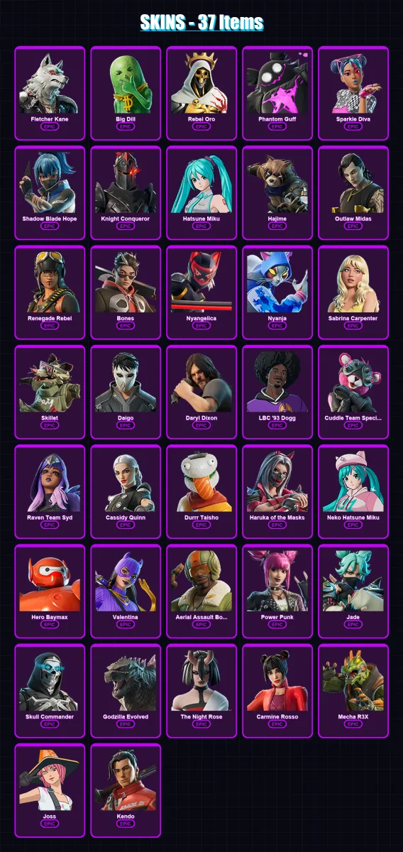 [PS4/PS5/XBOX/PC] | Fletcher Kane | Big Dill | Rebel Oro | Phantom Guff | Sparkle Diva | 37 skin | 46 pickaxe | 35 emote | 27 glider | Lv197