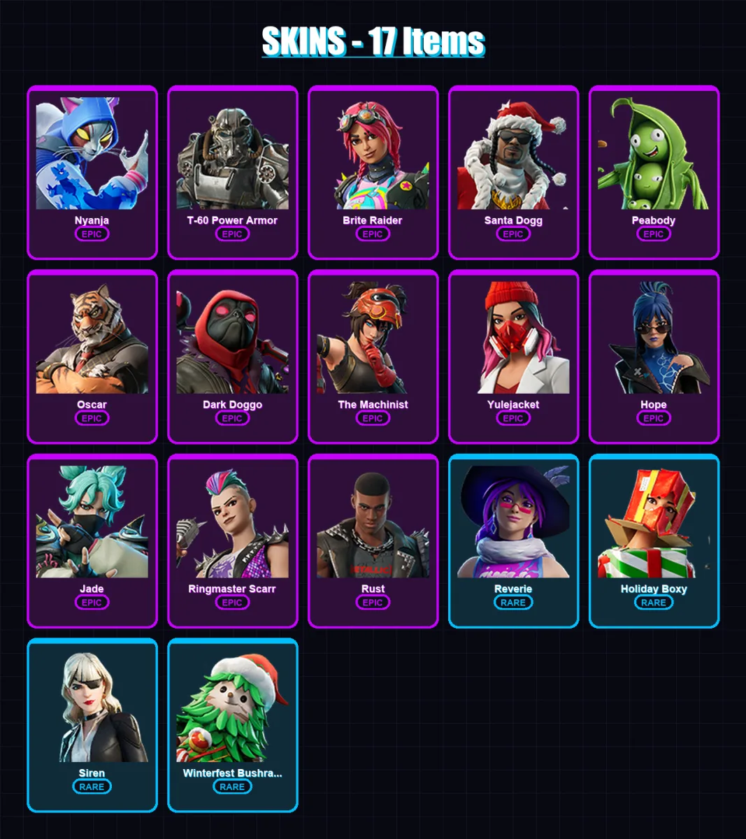 [PC/XBOX] | Nyanja | T-60 Power Armor | Brite Raider | Santa Dogg | Peabody | 17 skin | 26 pickaxe | 14 emote | 26 glider | Lv209