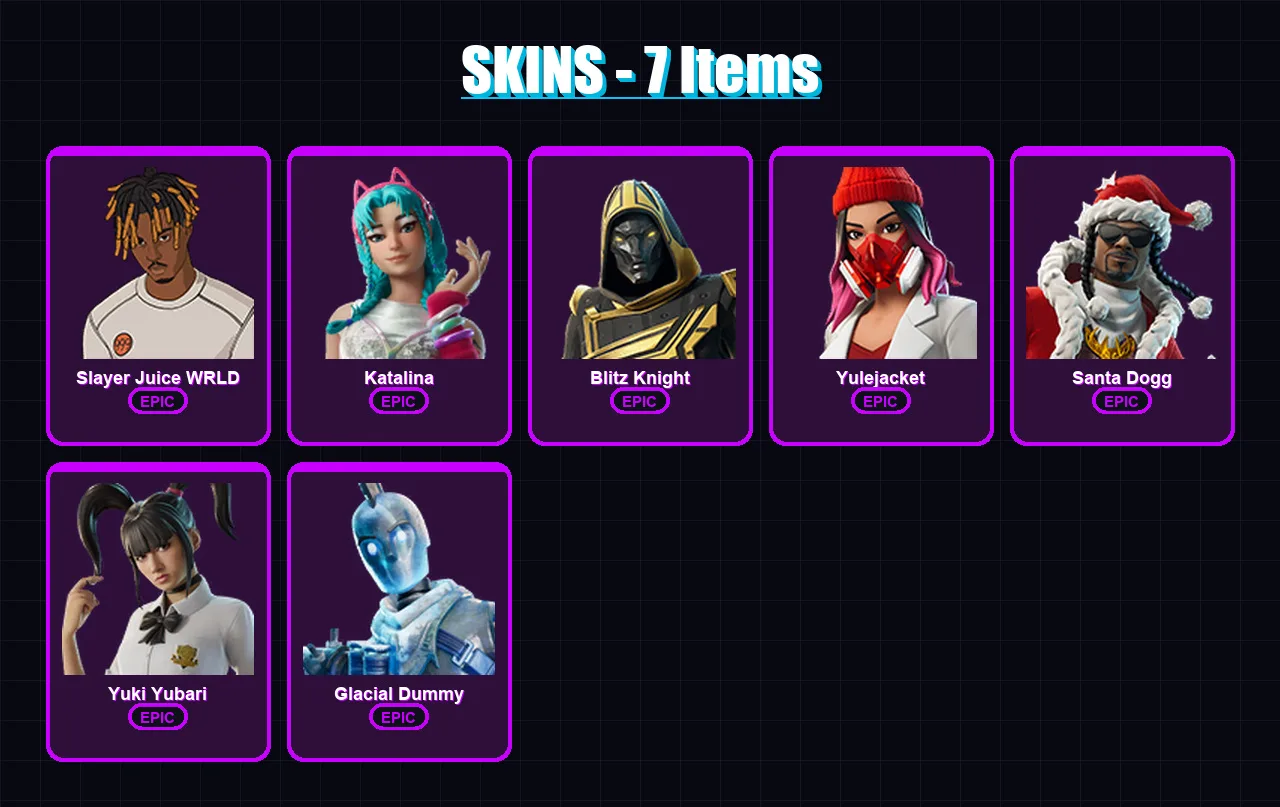 [PC/XBOX] | Slayer Juice WRLD | Katalina | Blitz Knight | Yulejacket | Santa Dogg | 7 skin | 48 pickaxe | 18 emote | 32 glider | Lv385