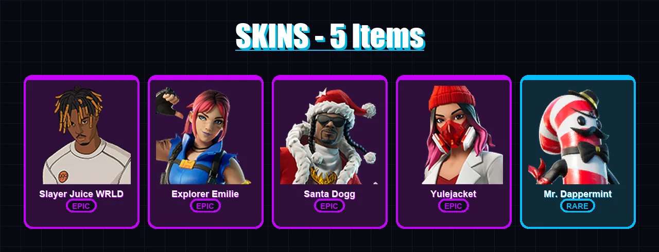 [PC/XBOX/PSN] | Slayer Juice WRLD | Explorer Emilie | Santa Dogg | Yulejacket | Mr. Dappermint | 5 skin | 12 pickaxe | 6 emote | 10 glider | Lv59