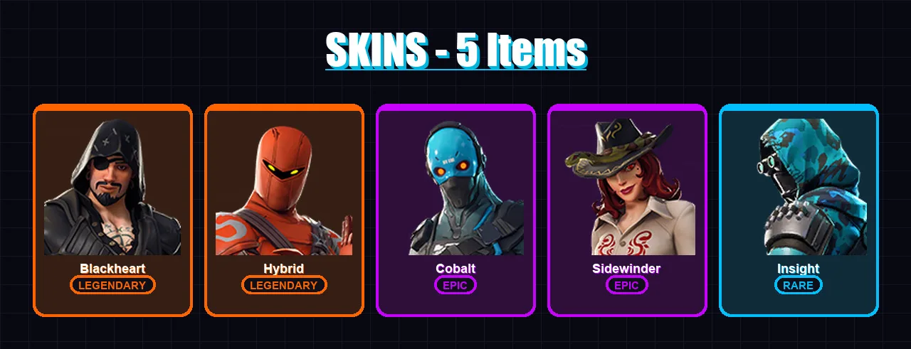 [PC/XBOX/PSN] | Blackheart | Hybrid | Cobalt | Sidewinder | Insight | 5 skin | 5 pickaxe | 12 emote | 3 glider | Lv34