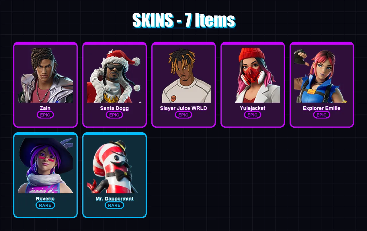 [PC] | Zain | Santa Dogg | Slayer Juice WRLD | Yulejacket | Explorer Emilie | 7 skin | 13 pickaxe | 3 emote | 3 glider | Lv17