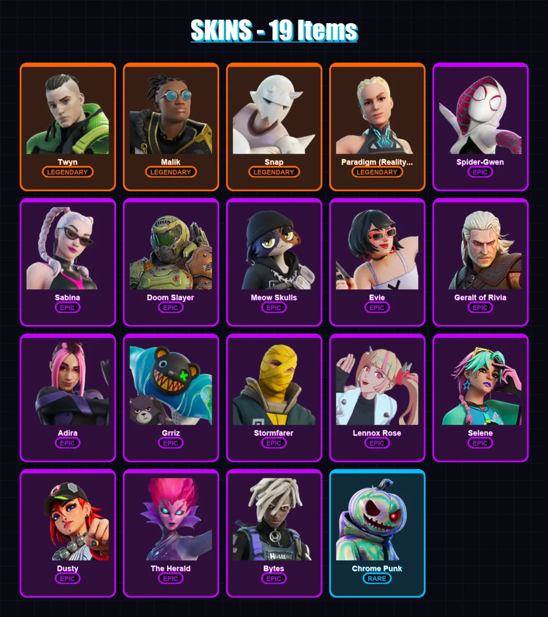 [PS4/PS5/PC] | Twyn | Malik | Snap | Paradigm (Reality-659) | Spider-Gwen | 19 skin | 22 pickaxe | 18 emote | 24 glider | Lv271