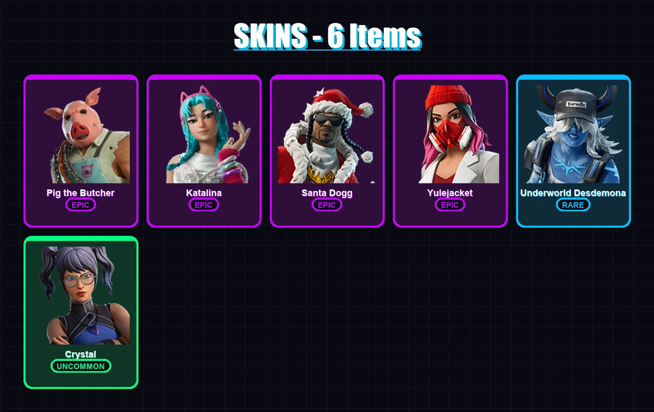 [PC/XBOX] | Pig the Butcher | Katalina | Santa Dogg | Yulejacket | Underworld Desdemona | 6 skin | 39 pickaxe | 14 emote | 21 glider | Lv355