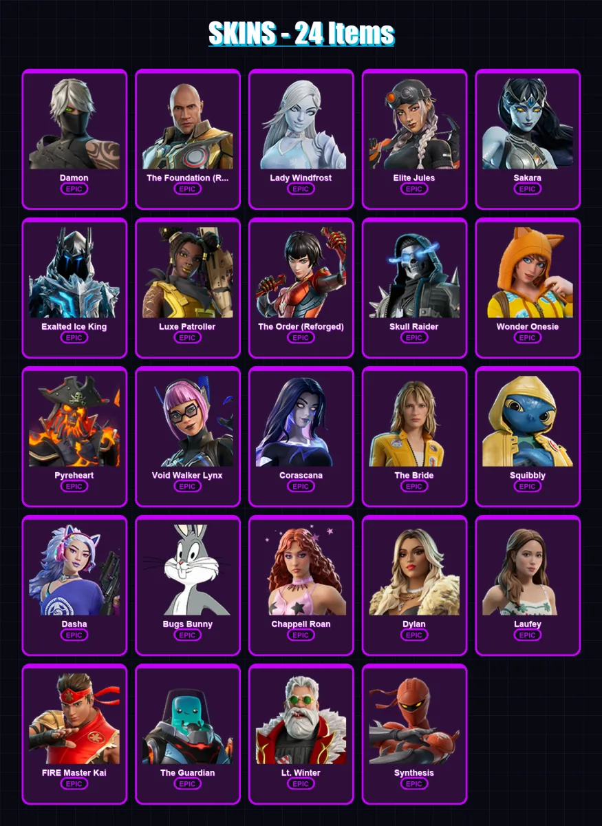 [PC/PSN] | Damon | The Foundation (Reforged) | Lady Windfrost | Elite Jules | Sakara | 24 skin | 29 pickaxe | 20 emote | 16 glider | Lv98