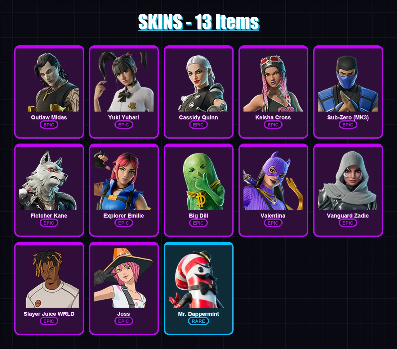 [PS4/PS5/XBOX/PC] | Outlaw Midas | Yuki Yubari | Cassidy Quinn | Keisha Cross | Sub-Zero (MK3) | 13 skin | 31 pickaxe | 16 emote | 20 glider | Lv205