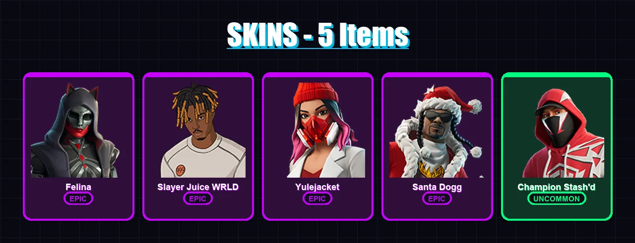 [PC/XBOX/PSN] | Felina | Slayer Juice WRLD | Yulejacket | Santa Dogg | Champion Stash'd | 5 skin | 38 pickaxe | 12 emote | 22 glider | Lv503