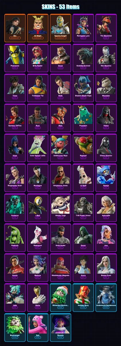 [PC/PSN] | Era | All Might | Spectra Knight | Renegade Lynx | The Machinist | 53 skin | 74 pickaxe | 48 emote | 58 glider | Lv621