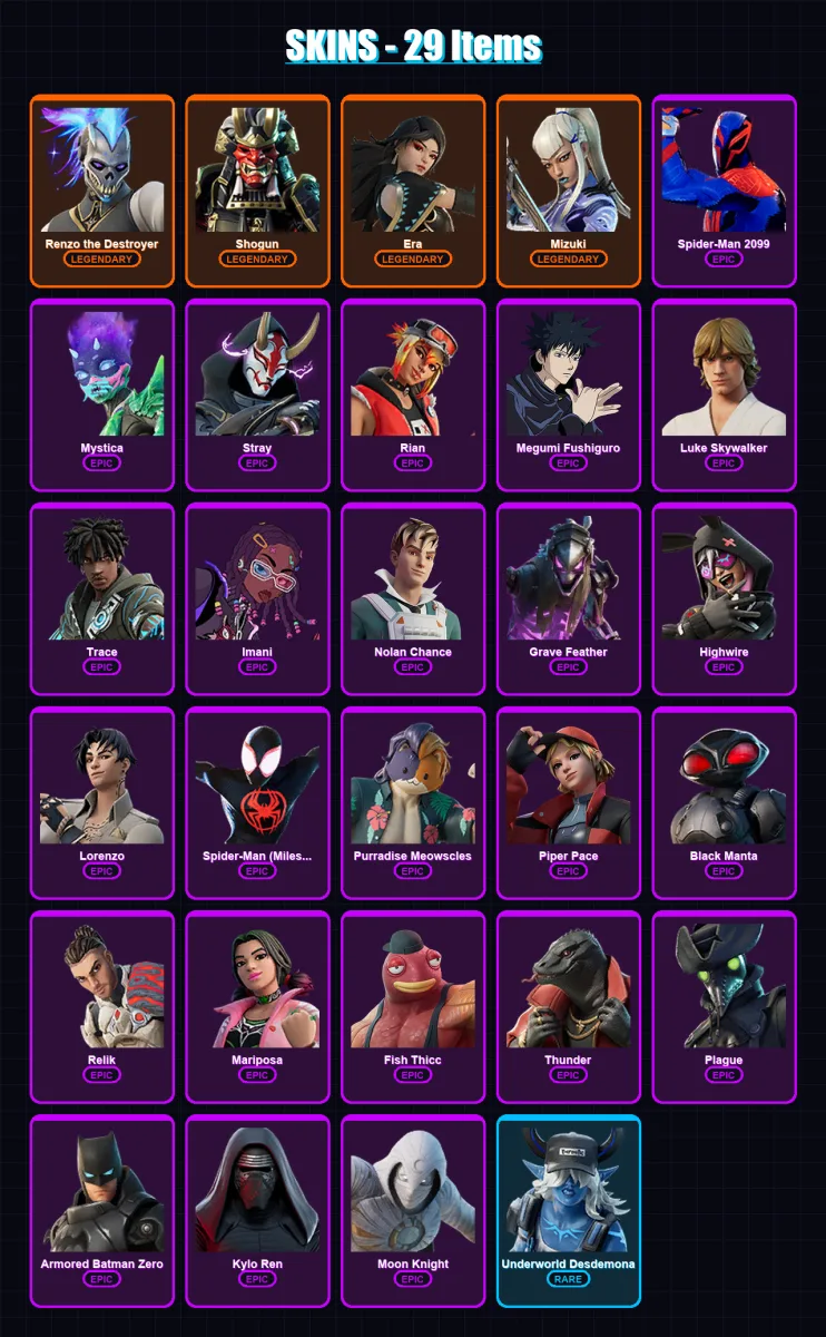 [PC/PSN] | Renzo the Destroyer | Shogun | Era | Mizuki | Spider-Man 2099 | 29 skin | 28 pickaxe | 33 emote | 27 glider | Lv263 — Fortnite account