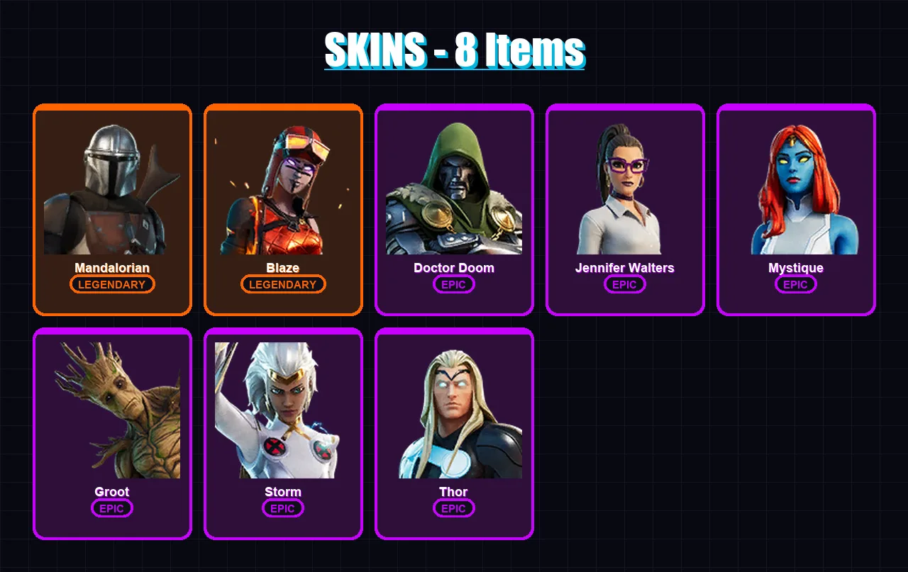 [PC/PSN] | Mandalorian | Blaze | Doctor Doom | Jennifer Walters | Mystique | 8 skin | 20 pickaxe | 8 emote | 25 glider | Lv367