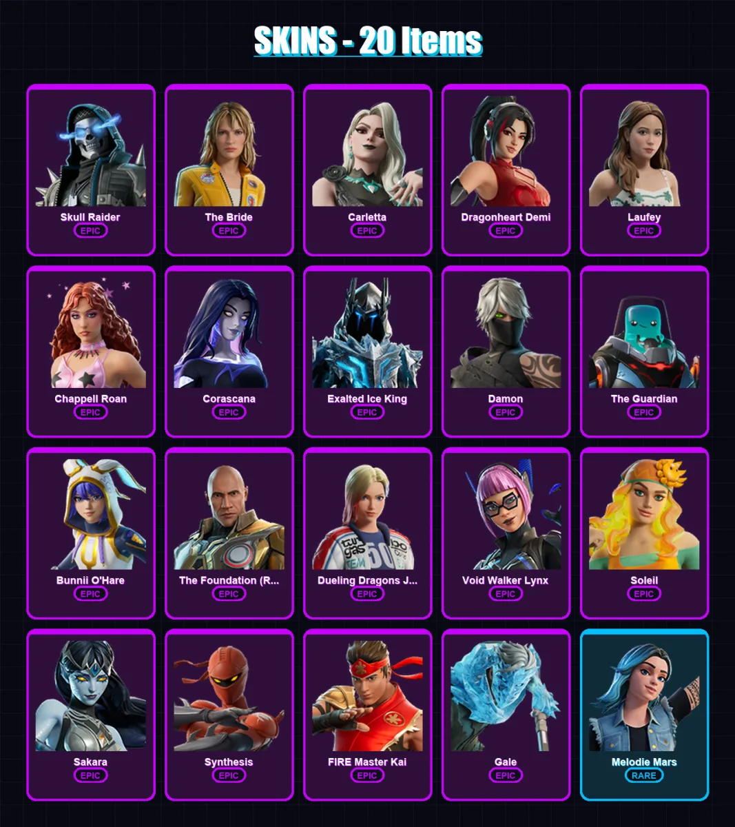 [PC/PSN] | Skull Raider | The Bride | Carletta | Dragonheart Demi | Laufey | 20 skin | 10 pickaxe | 2 emote | 2 glider | Lv3