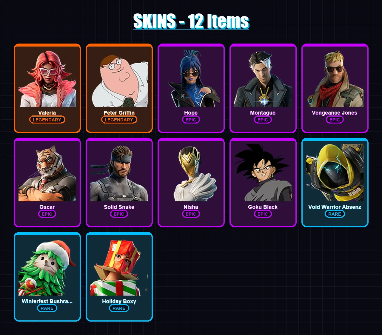 [PC/XBOX/PSN] | Valeria | Peter Griffin | Hope | Montague | Vengeance Jones | 12 skin | 30 pickaxe | 15 emote | 31 glider | Lv306