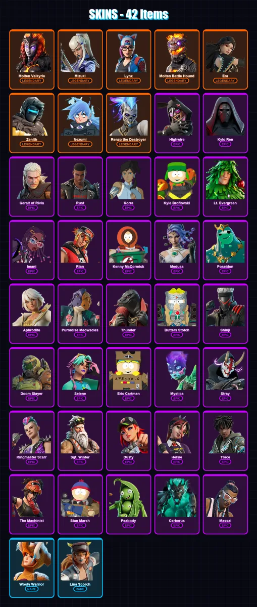 [PS4/PS5/PC] | Molten Valkyrie | Mizuki | Lynx | Molten Battle Hound | Era | 42 skin | 59 pickaxe | 44 emote | 58 glider | Lv592