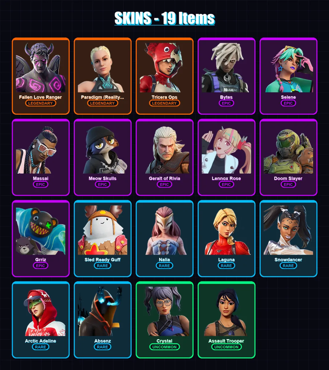 [PS4/PS5/XBOX/PC] | Fallen Love Ranger | Paradigm (Reality-659) | Tricera Ops | Bytes | Selene | 19 skin | 19 pickaxe | 19 emote | 21 glider | Lv253