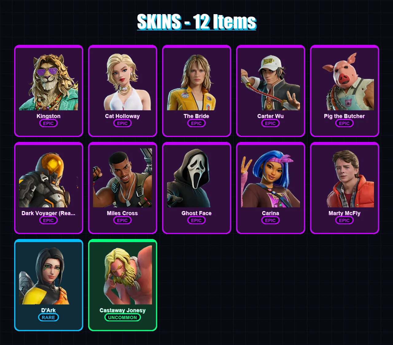 [PC/PSN] | Kingston | Cat Holloway | The Bride | Carter Wu | Pig the Butcher | 12 skin | 44 pickaxe | 21 emote | 29 glider | Lv607