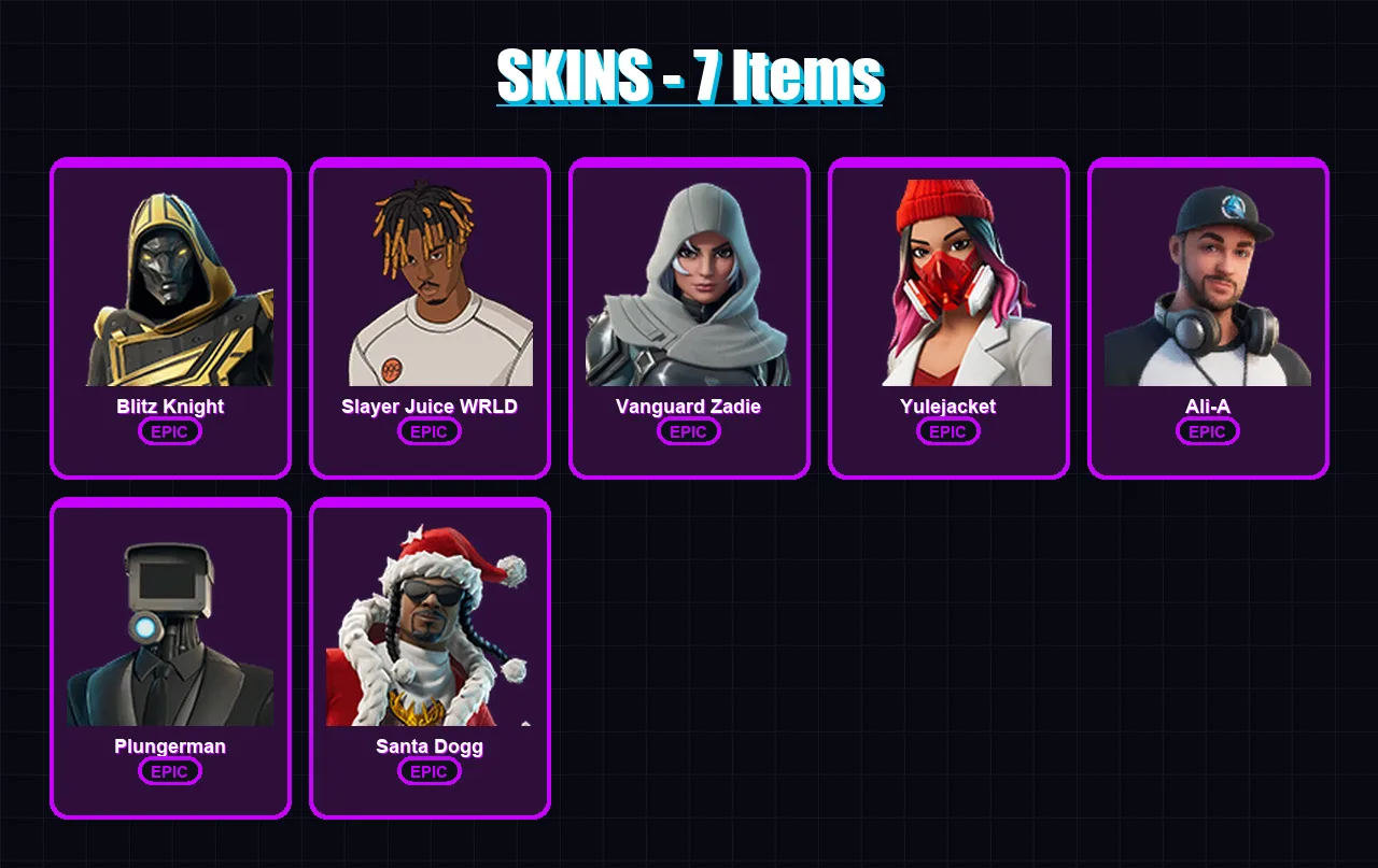 [PC/XBOX/PSN] | Blitz Knight | Slayer Juice WRLD | Vanguard Zadie | Yulejacket | Ali-A | 7 skin | 49 pickaxe | 28 emote | 35 glider | Lv547