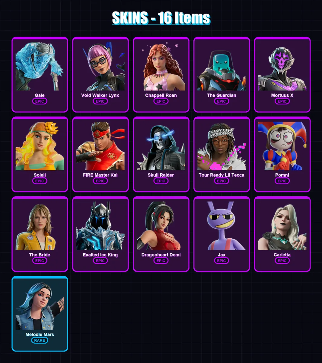 [PC/PSN] | Gale | Void Walker Lynx | Chappell Roan | The Guardian | Mortuus X | 19 skin | 18 pickaxe | 7 emote | 9 glider | Lv99
