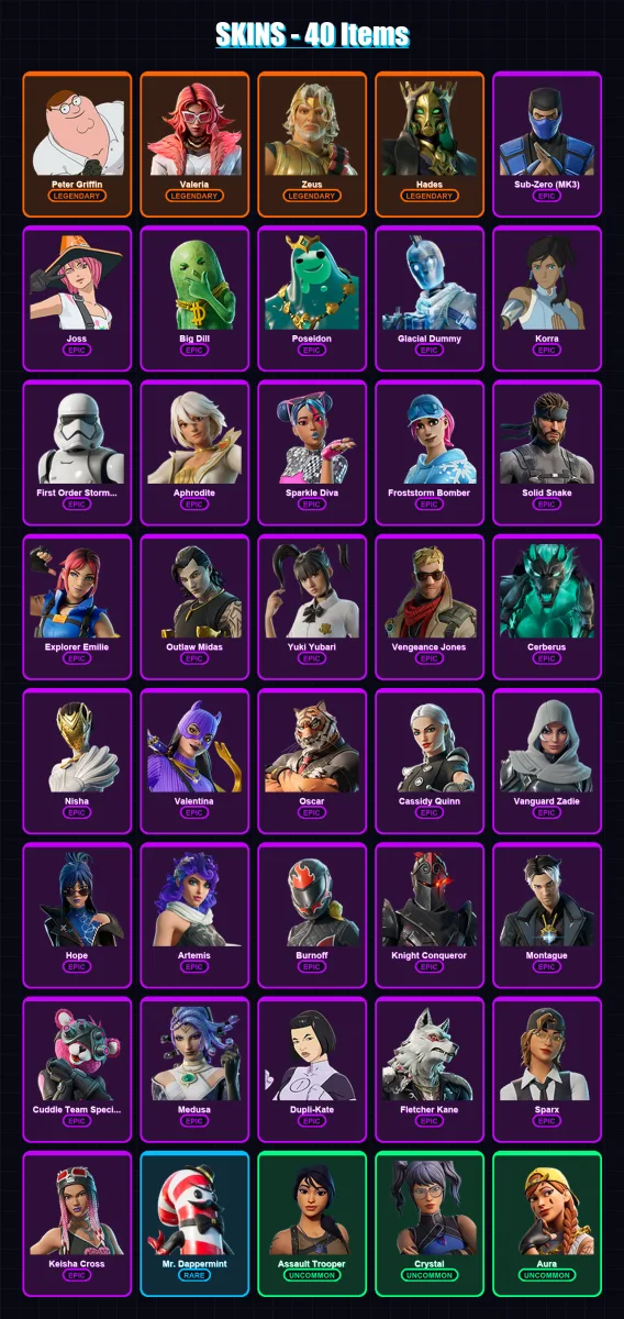 [PC/XBOX] | Peter Griffin | Valeria | Zeus | Hades | Sub-Zero (MK3) | 40 skin | 78 pickaxe | 60 emote | 59 glider | Lv1708