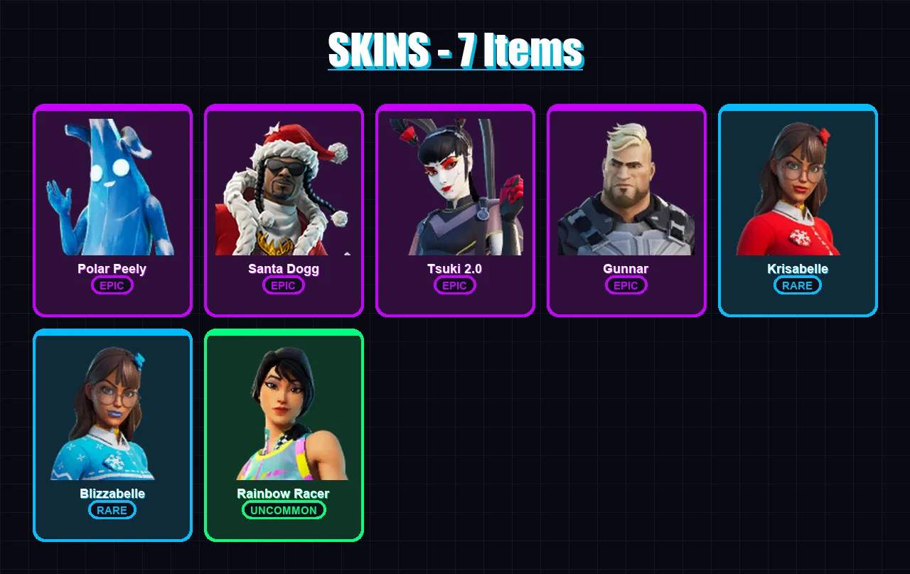 [PC/XBOX/PSN] | Polar Peely | Santa Dogg | Tsuki 2.0 | Gunnar | Krisabelle | 7 skin | 19 pickaxe | 12 emote | 17 glider | Lv301