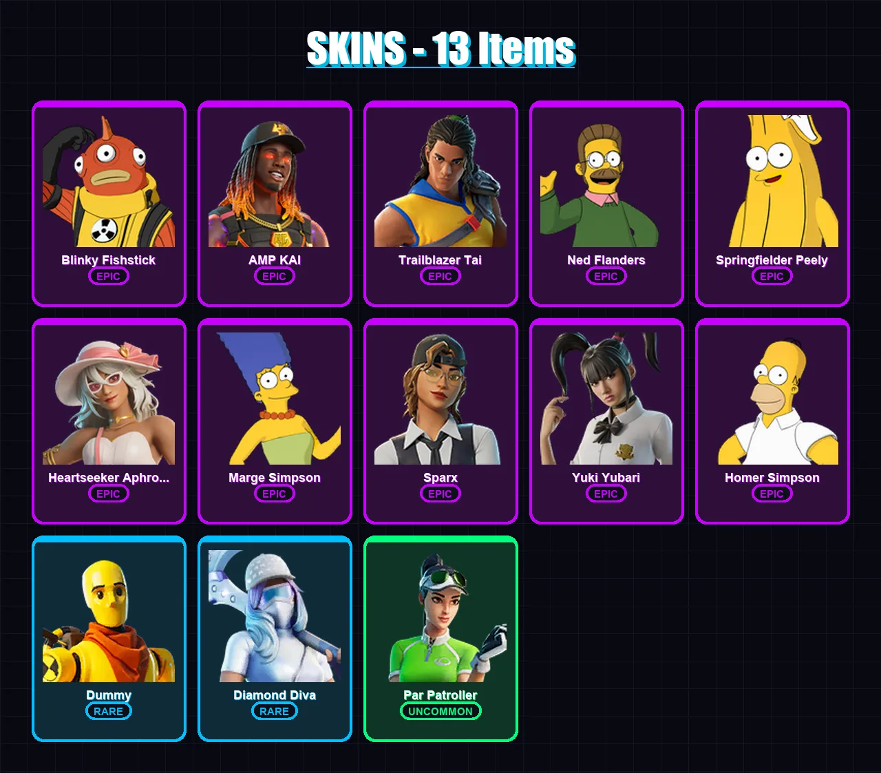 [PC/XBOX] | Blinky Fishstick | AMP KAI | Trailblazer Tai | Ned Flanders | Springfielder Peely | 13 skin | 41 pickaxe | 19 emote | 28 glider | Lv478