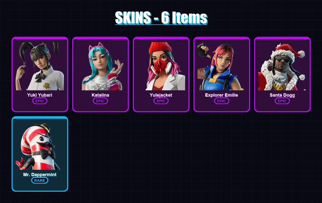 [PC/XBOX] | Yuki Yubari | Katalina | Yulejacket | Explorer Emilie | Santa Dogg | 6 skin | 11 pickaxe | 3 emote | 6 glider | Lv20