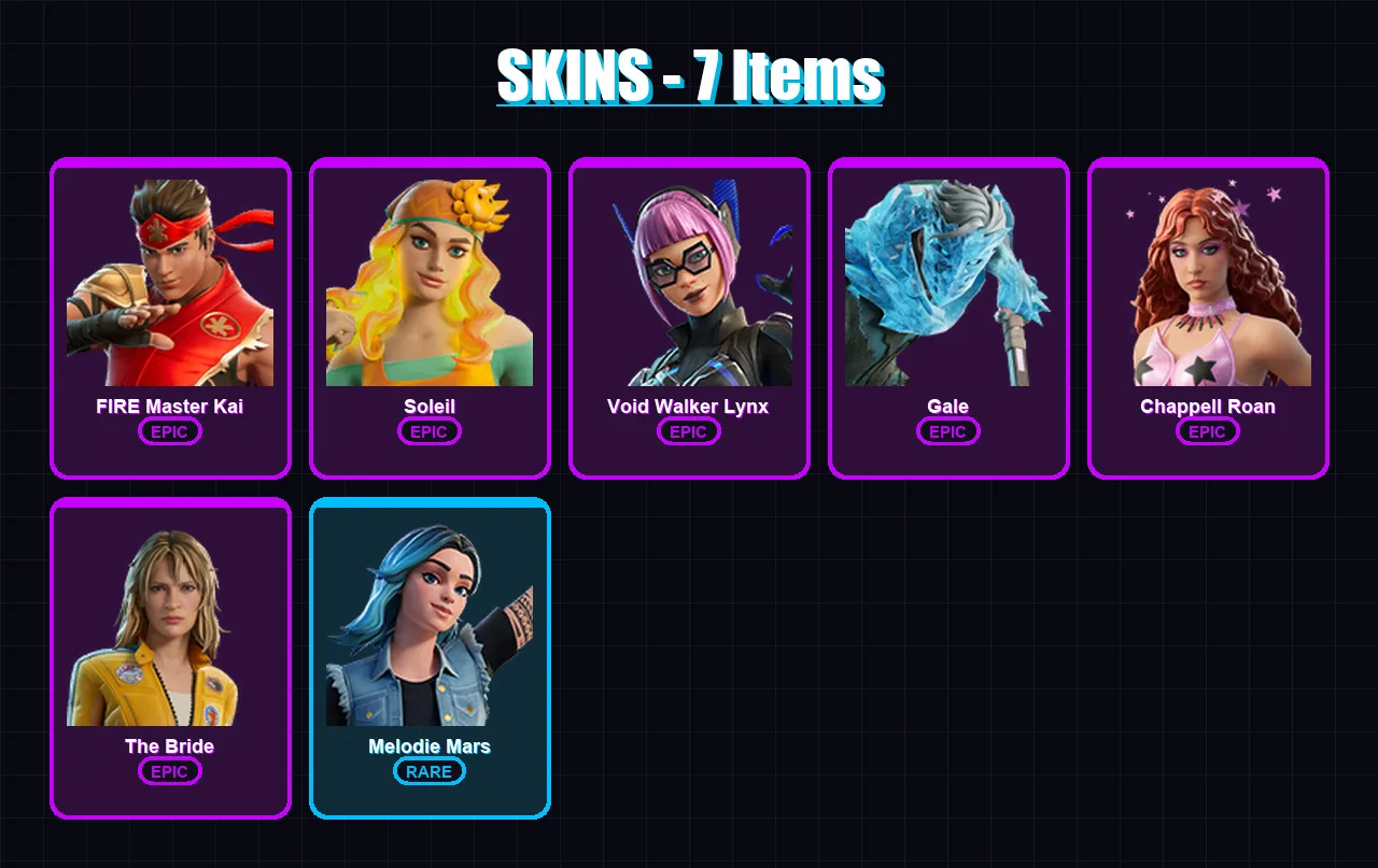 [PC/PSN] | FIRE Master Kai | Soleil | Void Walker Lynx | Gale | Chappell Roan | 7 skin | 7 pickaxe | 5 emote | 5 glider | Lv57