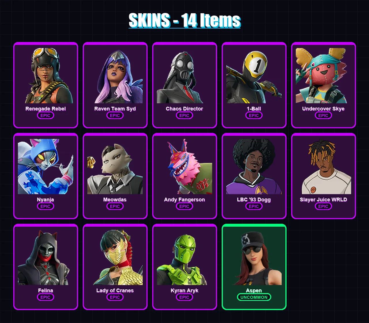 [PC/XBOX/PSN] | Renegade Rebel | Raven Team Syd | Chaos Director | 1-Ball | Undercover Skye | 14 skin | 23 pickaxe | 9 emote | 14 glider | Lv150