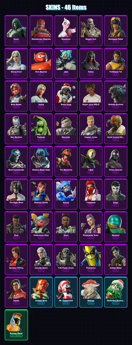 [PC/XBOX/PSN] | Doom | Wastelander Magneto | Gwenpool | Megalo Don | Renegade Rebel | 46 skin | 84 pickaxe | 51 emote | 67 glider | Lv1354