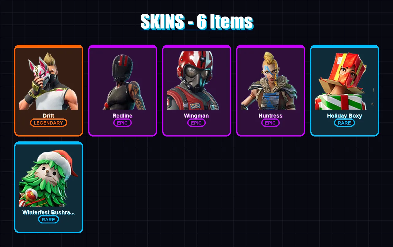 [PC/XBOX/PSN] | Drift | Redline | Wingman | Huntress | Holiday Boxy | 6 skin | 6 pickaxe | 3 emote | 7 glider | Lv63
