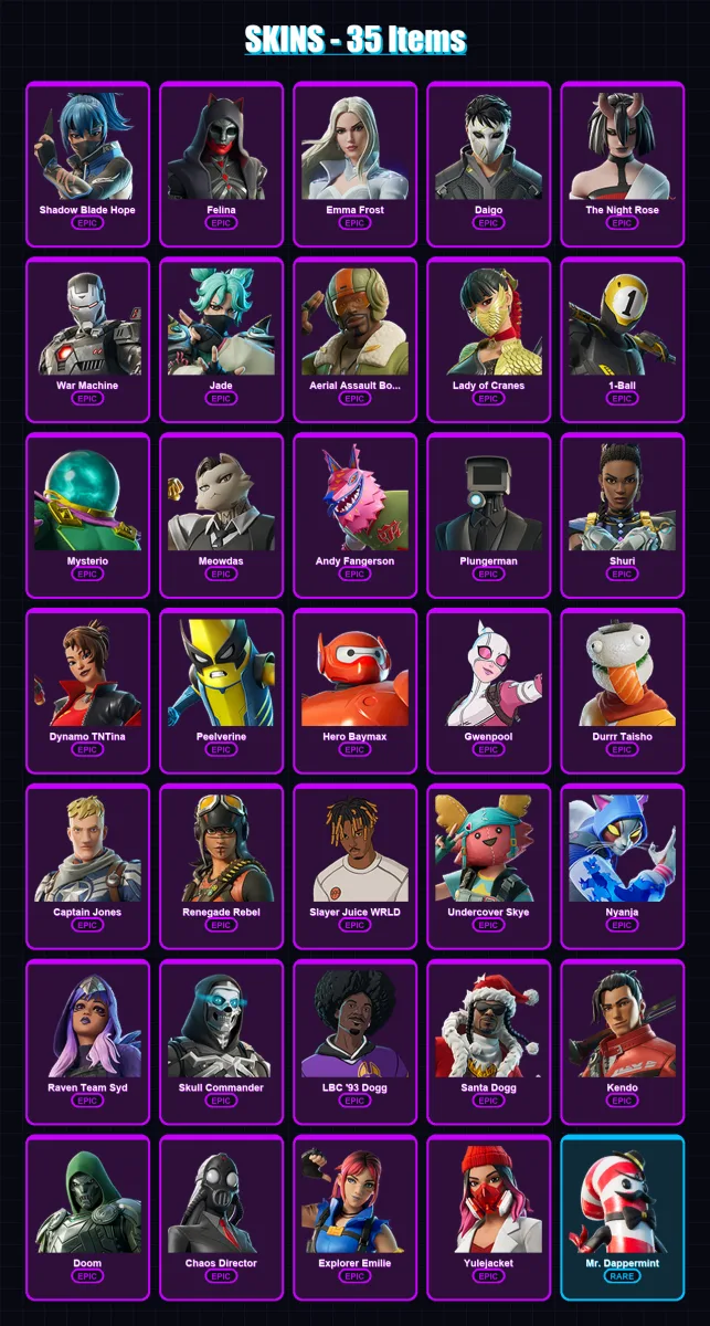 [PS4/PS5/XBOX/PC] | Shadow Blade Hope | Felina | Emma Frost | Daigo | The Night Rose | 35 skin | 49 pickaxe | 33 emote | 32 glider | Lv482 — Fortnite account