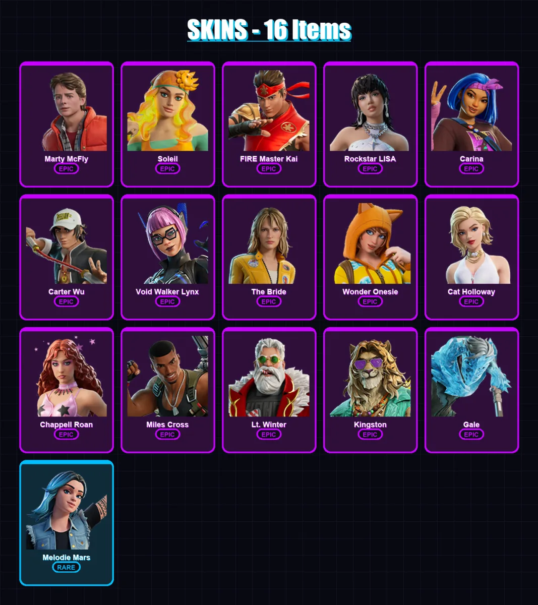 [PS4/PS5/XBOX/PC] | Marty McFly | Soleil | FIRE Master Kai | Rockstar LISA | Carina | 16 skin | 30 pickaxe | 20 emote | 20 glider | Lv205