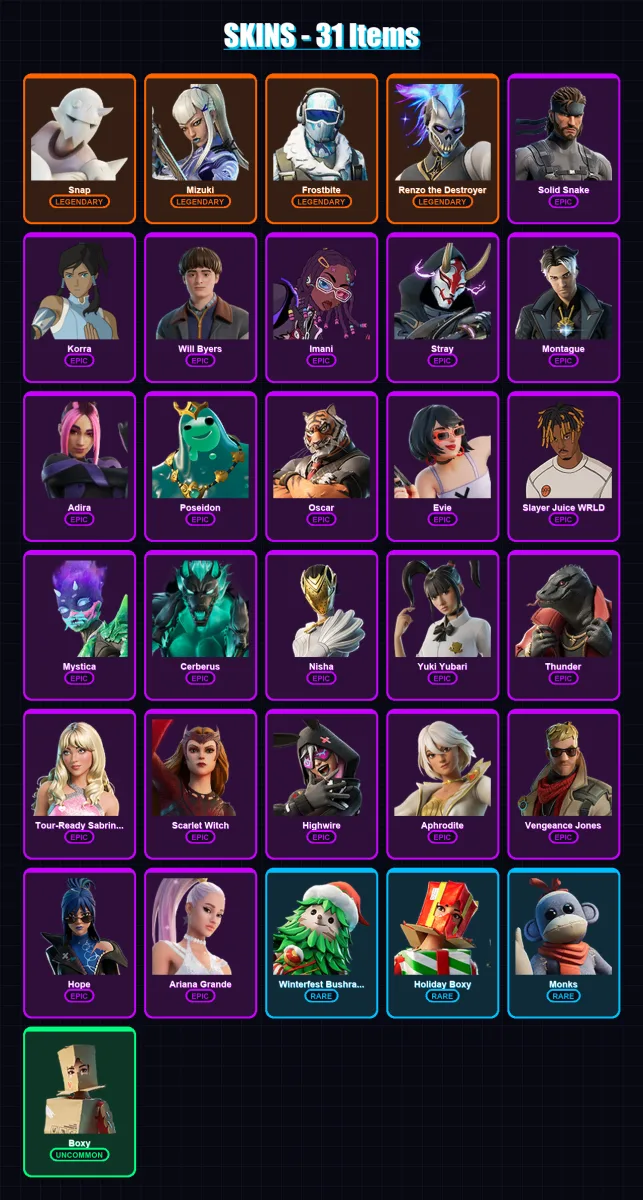 [SWITCH/XBOX/PSN/PC] | Snap | Mizuki | Frostbite | Renzo the Destroyer | Solid Snake | 31 skin | 62 pickaxe | 49 emote | 71 glider | Lv900