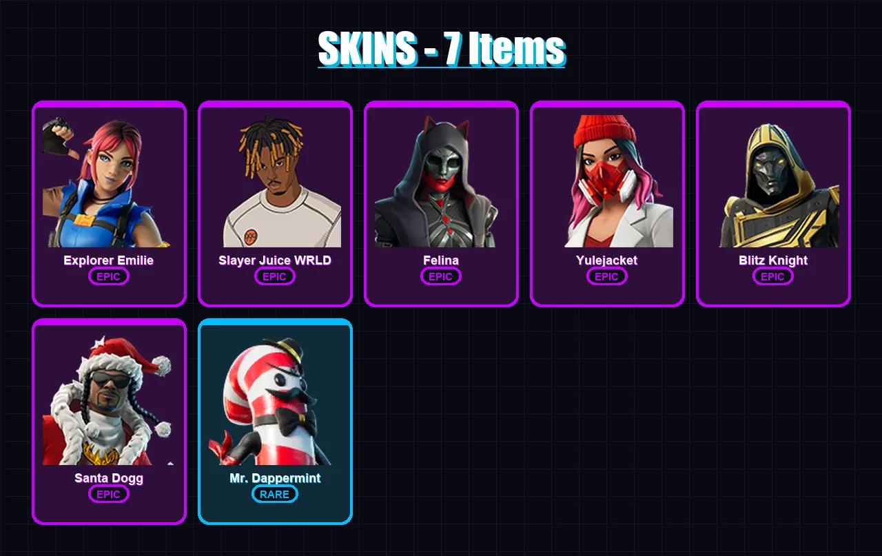 [PC/PSN] | Explorer Emilie | Slayer Juice WRLD | Felina | Yulejacket | Blitz Knight | 7 skin | 42 pickaxe | 15 emote | 27 glider | Lv370