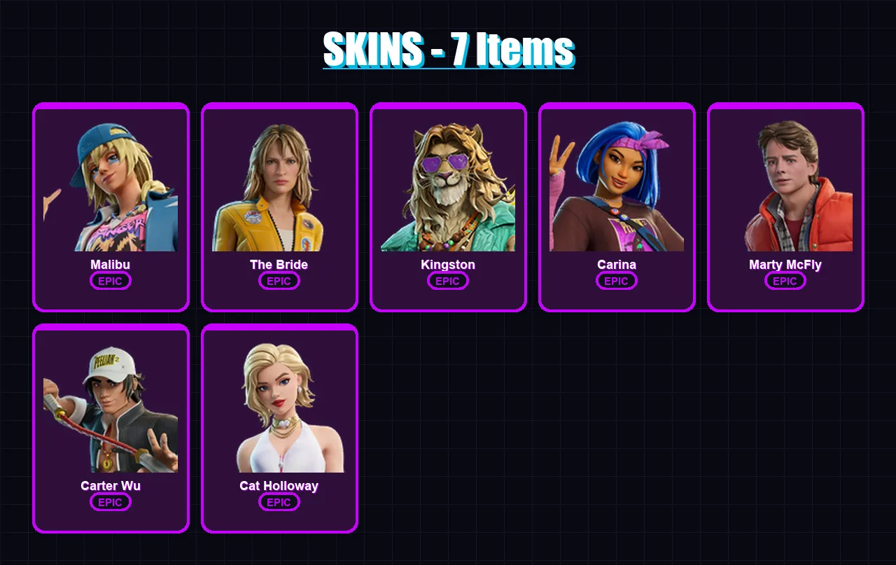 [PC/XBOX/PSN] | Malibu | The Bride | Kingston | Carina | Marty McFly | 7 skin | 26 pickaxe | 14 emote | 19 glider | Lv199