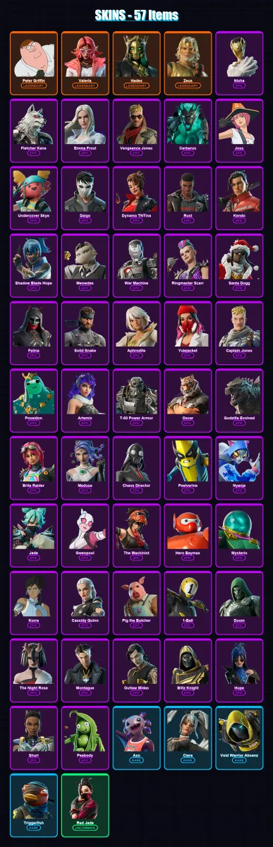 [PC/PSN] | Peter Griffin | Valeria | Hades | Zeus | Nisha | 57 skin | 103 pickaxe | 75 emote | 76 glider | Lv976