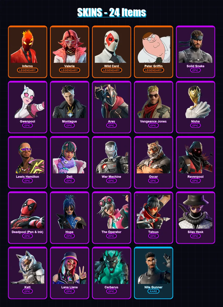 [PS4/PS5/XBOX/PC] | Inferno | Valeria | Wild Card | Peter Griffin | Solid Snake | 24 skin | 28 pickaxe | 13 emote | 17 glider | Lv217
