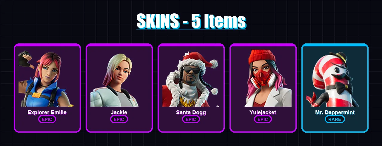 [PC/XBOX/PSN] | Explorer Emilie | Jackie | Santa Dogg | Yulejacket | Mr. Dappermint | 5 skin | 17 pickaxe | 7 emote | 10 glider | Lv147