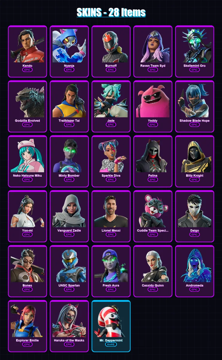 [PC] | Kendo | Nyanja | Burnoff | Raven Team Syd | Skellemint Oro | 28 skin | 70 pickaxe | 37 emote | 38 glider | Lv621