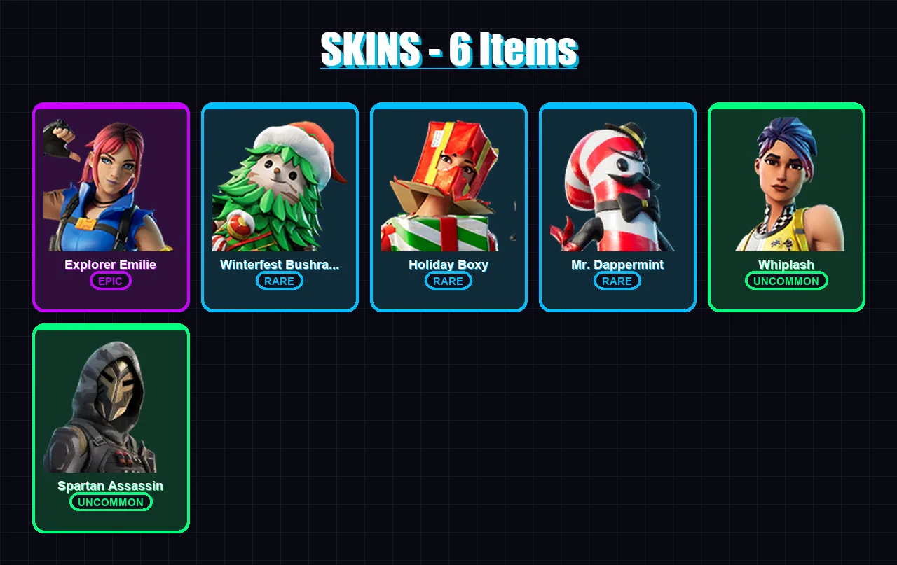 [PC/XBOX] | Explorer Emilie | Winterfest Bushranger | Holiday Boxy | Mr. Dappermint | Whiplash | 6 skin | 15 pickaxe | 11 emote | 17 glider | Lv251