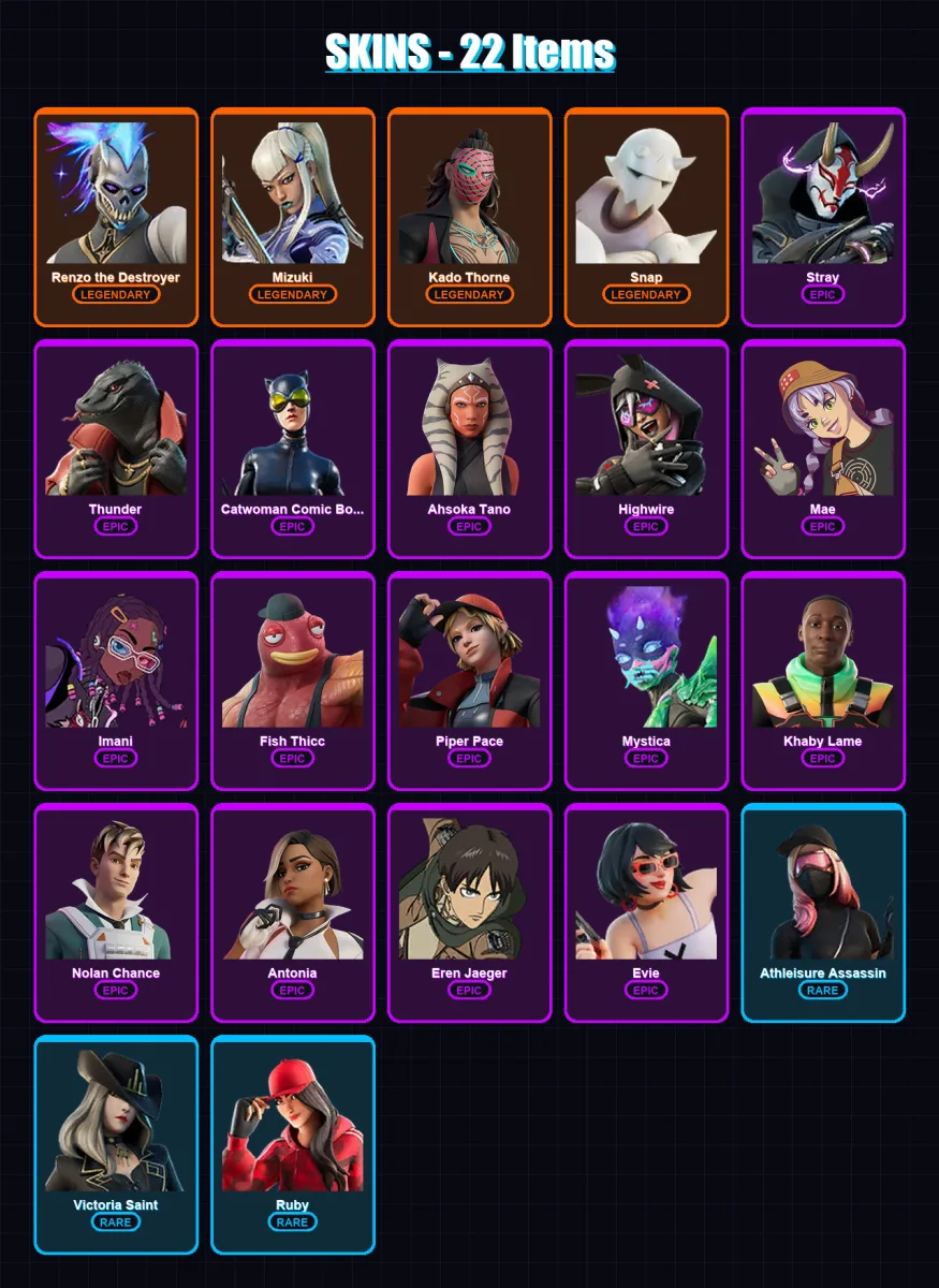 [PC/XBOX/PSN] | Renzo the Destroyer | Mizuki | Kado Thorne | Snap | Stray | 22 skin | 27 pickaxe | 26 emote | 25 glider | Lv422