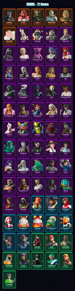 [PC/XBOX/PSN] | Omegarok | Valeria | Hades | Spectra Knight | Zeus | 71 skin | 122 pickaxe | 99 emote | 82 glider | Lv2022